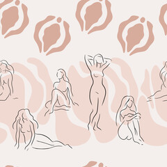Hand drawn seamless pattern with women's silhouettes and vulvas. Body positive concept. Organic tender illustration. - 520010844