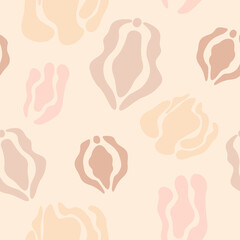 Hand drawn seamless pattern with vulvas and flowers. Body positive concept. Abstract tender illustration.