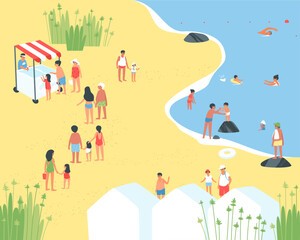 Ice cream by the sea. Children eat ice cream. Trading on the beach, the queue to the stall. The seller in the stall sells ice cream. Flat vector illustration