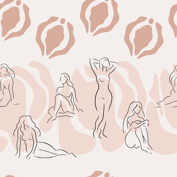 Hand drawn seamless pattern with women's silhouettes and vulvas. Body positive concept. Organic tender illustration.