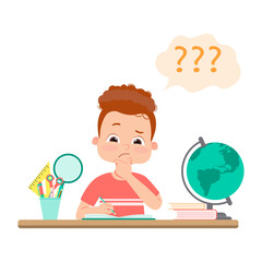 Vector illustration of a cartoon little boy doing hard homework on the table.