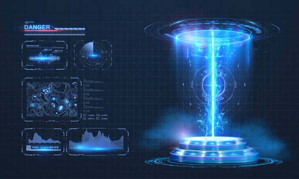 Abstract style on black background. Blank display, stage or podium for show product in futuristic cyberpunk style fantasy frame portal and future data. Light aura and glowing hologram.