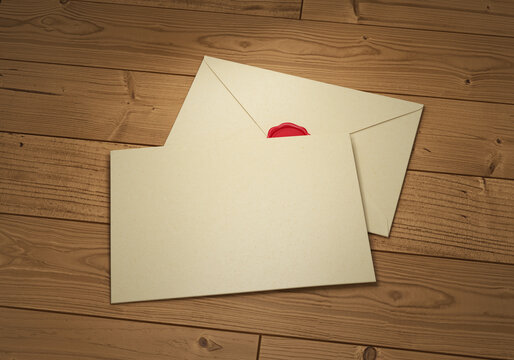 Empty envelopes made of kraft paper on a wooden background, 3d render