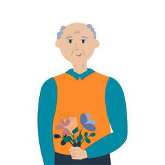 happy elderly man holding a bouquet of flowers. vector illustration