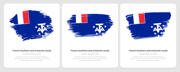Obraz na płótnie Canvas A set of vector brush flags of French Southern and Antarctic Lands on abstract card with shadow effect