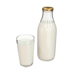 Glass bottle and glass with milk on a white background, 3d render