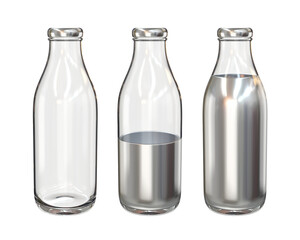 Set of glass bottles empty, half and full of silver liquid, 3d render - obrazy, fototapety, plakaty