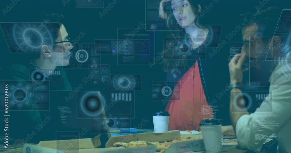 Poster animation of data processing and round scanners over diverse colleagues discussing at office