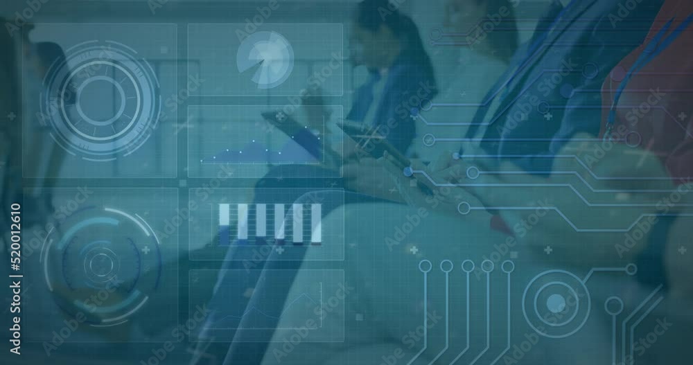 Poster animation of digital interface with data processing over businesspeople using electronic devices