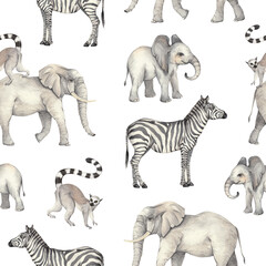 Hand-painted watercolor pattern with African animals elephant, zebra and lemur on a white background.