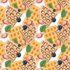 Waffles with berries seamless pattern.