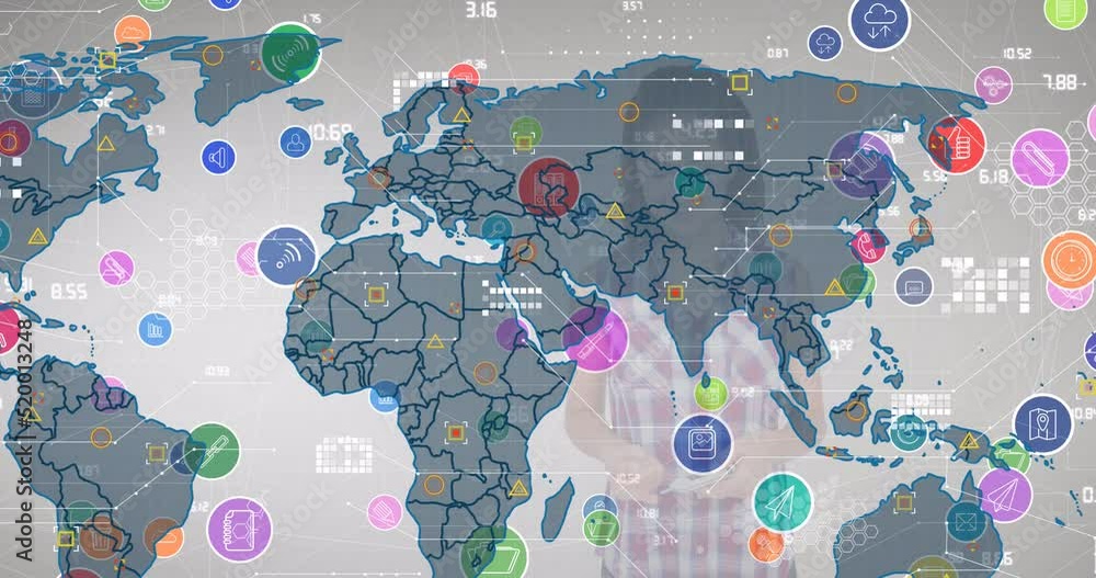 Poster animation of network of digital icons over world map against caucasian girl using smartphone