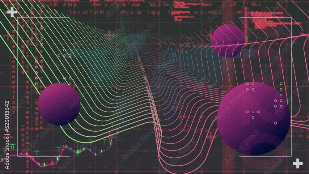 Poster animation of graphical infographic interface with rotating globe, wave pattern, coding and graph