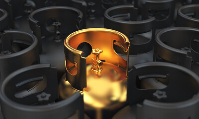 Golden gas cylinder close-up among black cylinders, 3d render