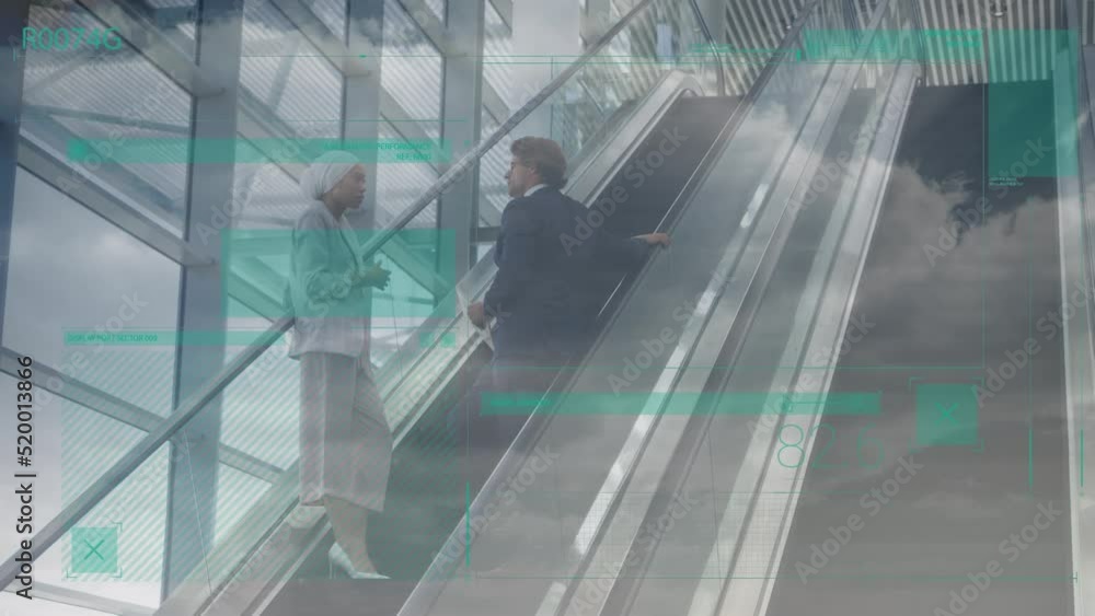 Poster animation of digital interface over multiracial colleagues talking while standing on escalator