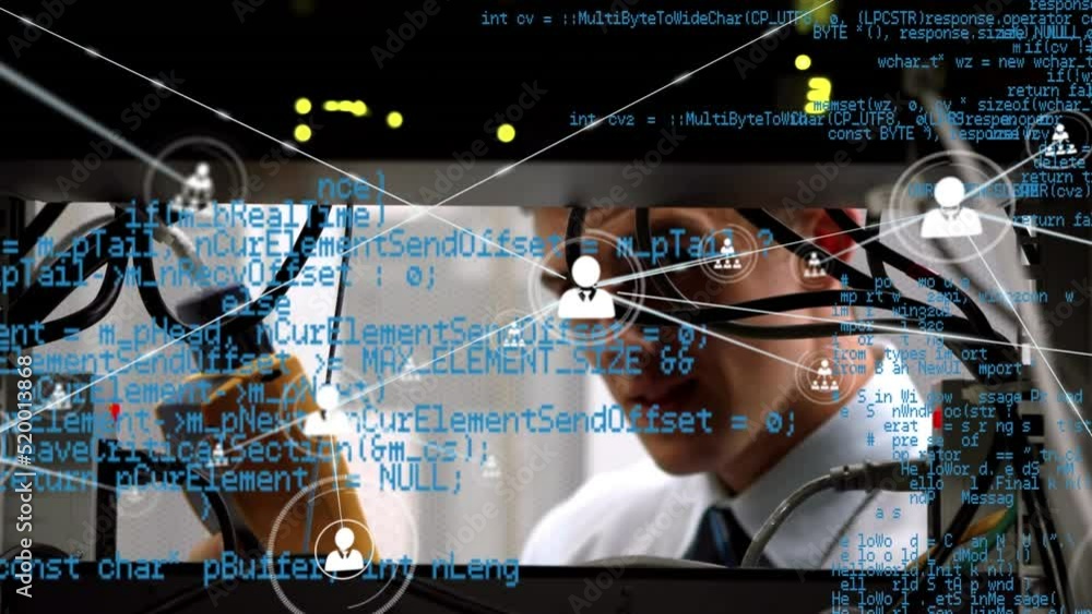 Poster animation of coding and profile icons interconnecting over caucasian man examining network server