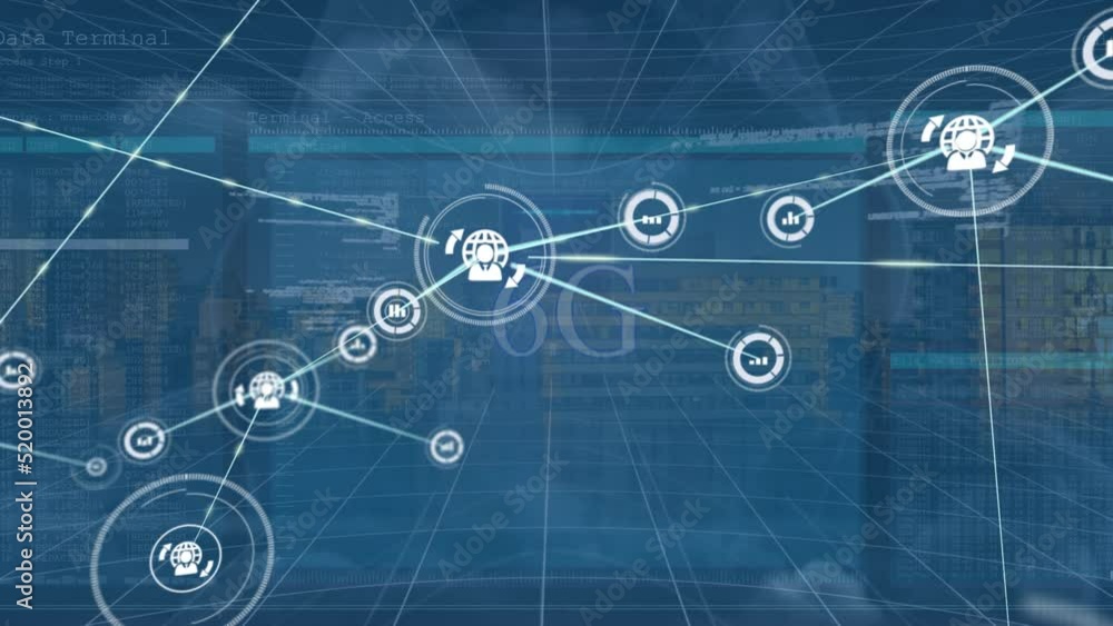 Poster animation of network of profile icons connecting with lines against cityscape