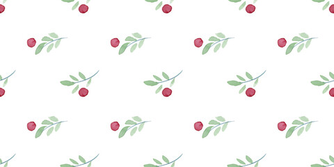 Floral seamless pattern. Hand drawn silhouettes of green twig with a red berry. Floristic motifs in the style of a watercolor sketch. Natural ornament for fabric, gift wrapping, wallpaper.
