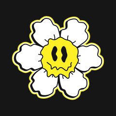 Funny melt smile flower chamomile face print for t-shirt.Vector crazy cartoon character illustration.Smile techno face,melting,acid,trippy,techno,flower t-shirt,poster,sticker,badge print concept