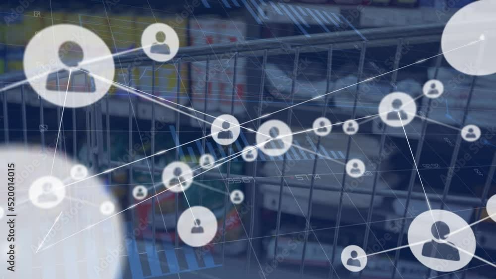 Poster animation of profile icons connecting with lines against pie chart, bar graph, cart in shopping mall