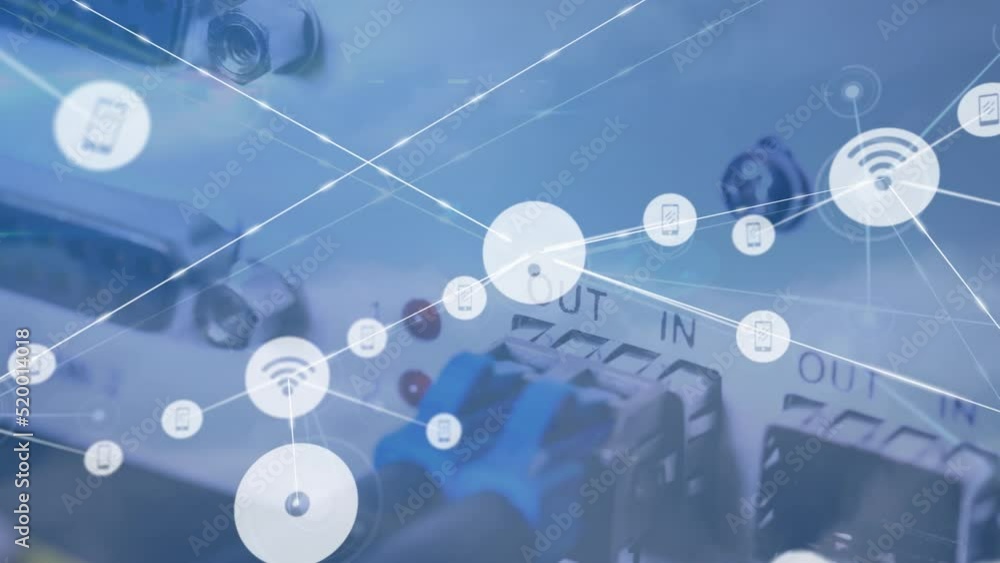 Poster animation of wireless network icons connecting with lines against computer server