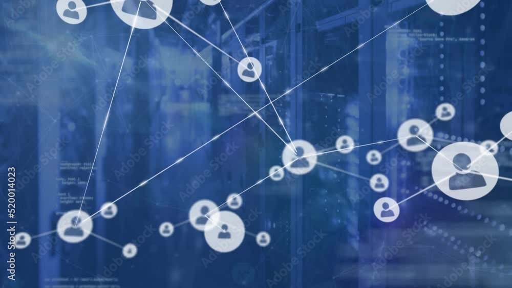 Poster animation of profile icons connecting with lines with coding against server room
