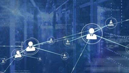 Animation of profile icons network connecting with lines against coding in server room - Powered by Adobe