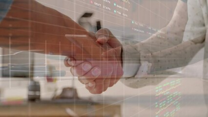 Animation of caucasian partners shaking hands, businesswoman with digital tablet, data in background - Powered by Adobe