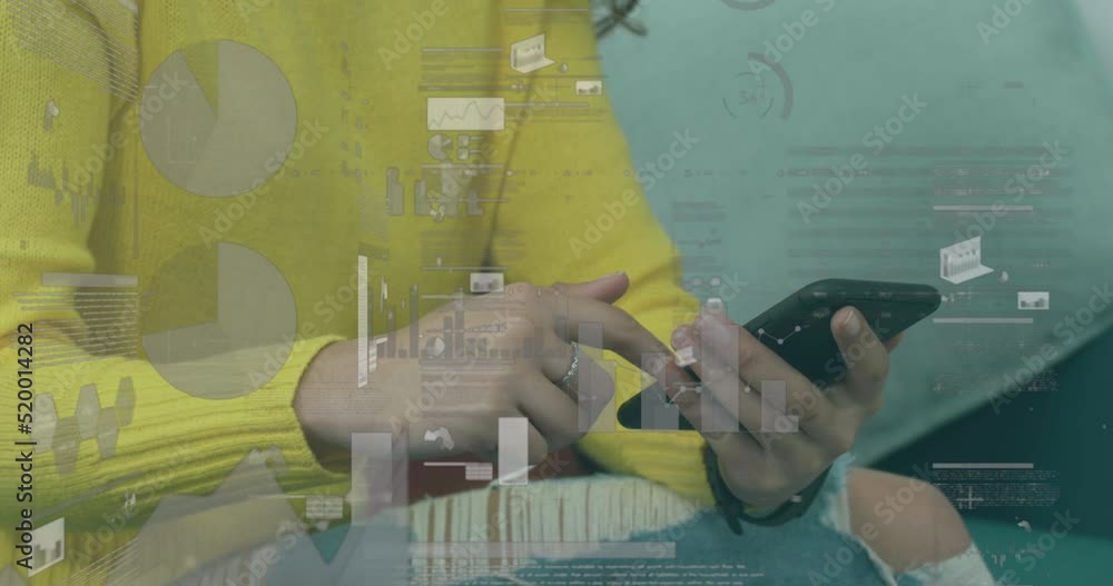 Poster animation of data processing over caucasian woman using smartphone