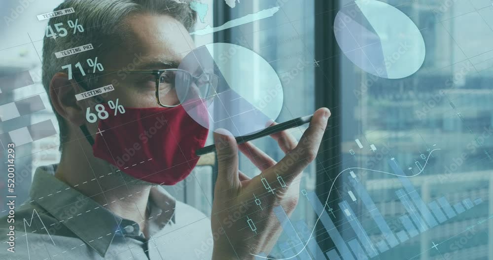 Poster animation of data processing over caucasian men wearing face mask using smartphone
