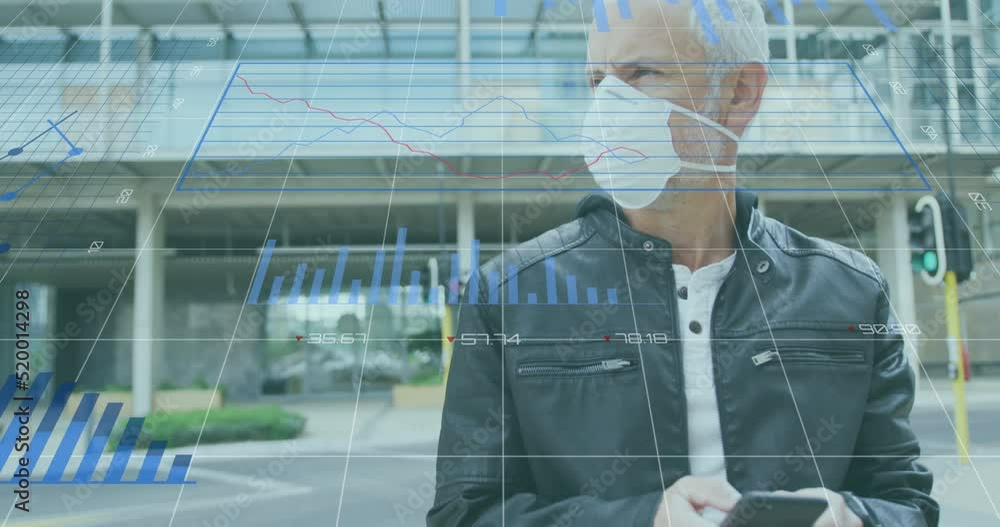 Aufkleber animation of data processing over caucasian men wearing face mask using smartphone