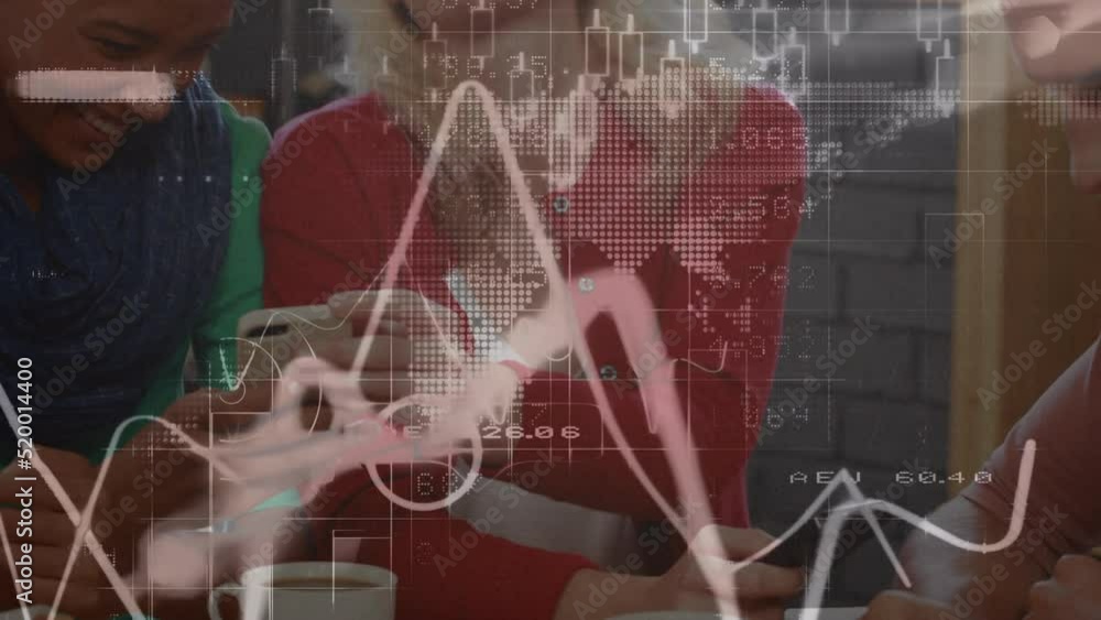 Poster animation of data processing with globe over diverse group of fiends
