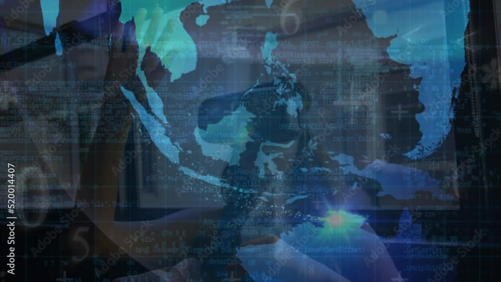 Poster animation of data processing with globe over biracial women using vr headset