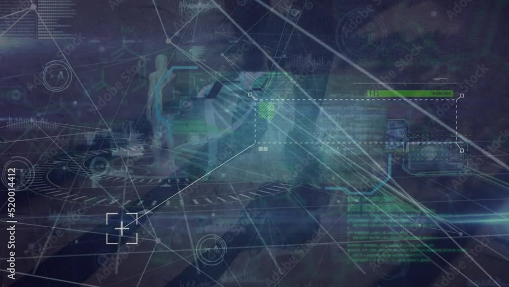 Poster animation of network of connections with icons over dark background