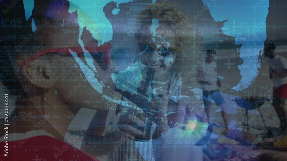 Poster animation of data processing with globe over diverse group of fiends