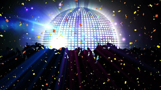 Animation of dancing people and glowing disco ball over dark background