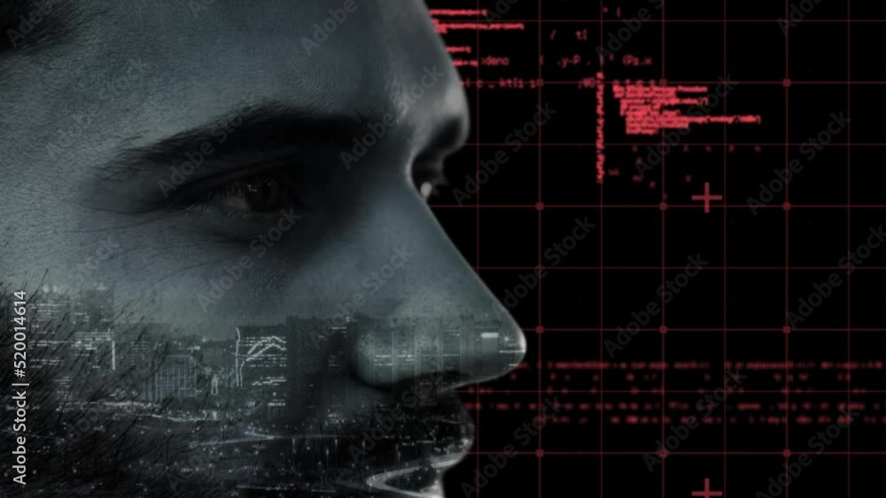 Aufkleber animation of caucasian man face over data processing on black background