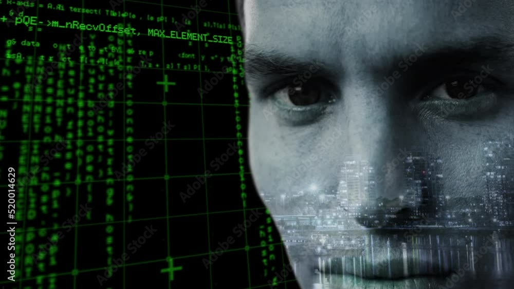 Poster animation of caucasian man face over data processing on black background