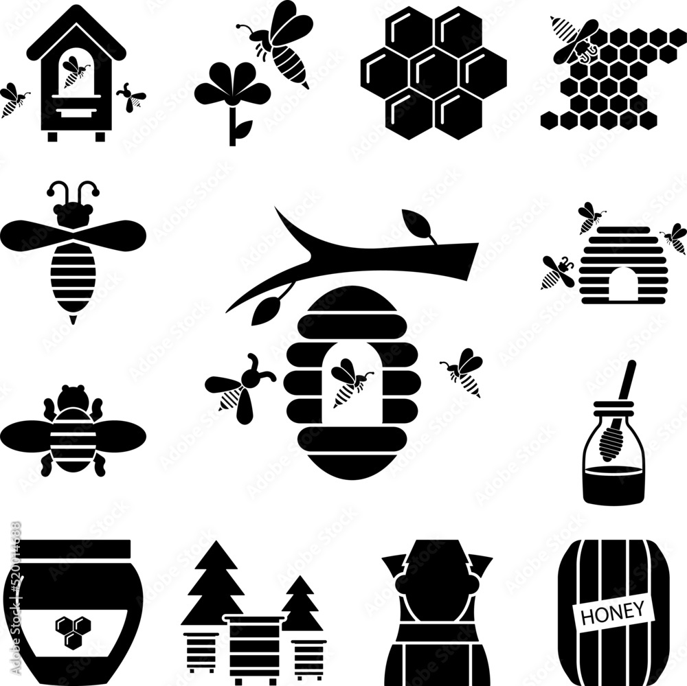 Poster hive, bee icon in a collection with other items