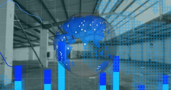 Animation of financial graphs and globe over empty hall