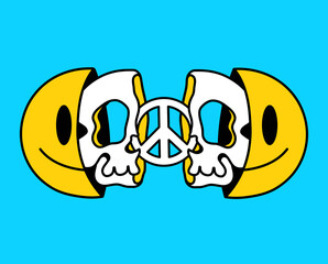 Two half of smile face with skull and peace inside. Vector hand drawn doodle 90s style cartoon character illustration. Trippy smile face,peace,skull print for t-shirt,poster,card concept