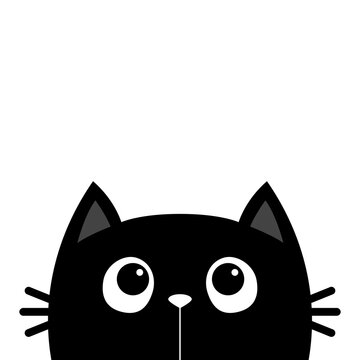 Cat face head looking up. Cute cartoon character. Kawaii animal. Love Greeting card. Black silhouette sticker print. Flat design style. White background. Isolated.