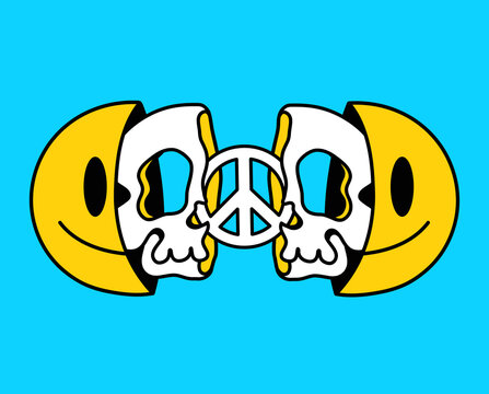 Two half of smile face with skull and peace inside. Vector hand drawn doodle 90s style cartoon character illustration. Trippy smile face,peace,skull print for t-shirt,poster,card concept