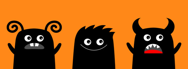 Monster icon set line holding hands. Happy Halloween. Cute cartoon kawaii baby character. Eyes teeth fang tongue fur. Funny face head black silhouette.Flat design. Orange background.