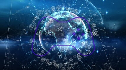 Animation of digital screen with globe, connections and game pad - Powered by Adobe