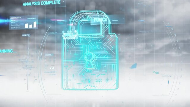 Animation of digital padlock, data processing and clouds