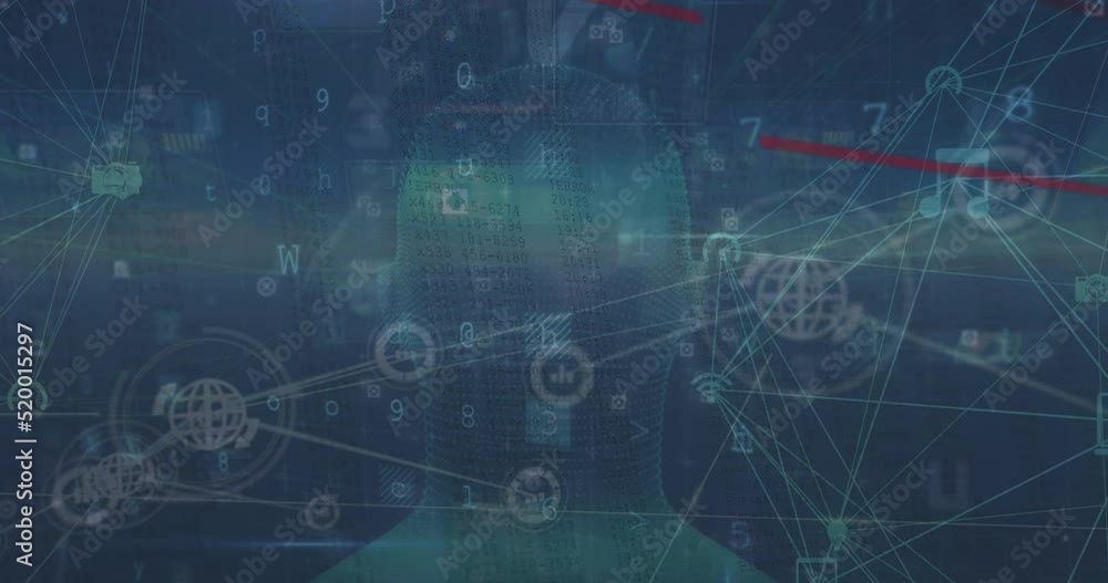 Poster animation of scanning, malware detection, connections and head model on navy background