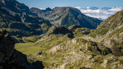 View from La Pra pass with longet lake in the background, Belledonne Moutains, Alpes, France
