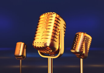 Three retro gold microphones on a dark blurry background, 3d render