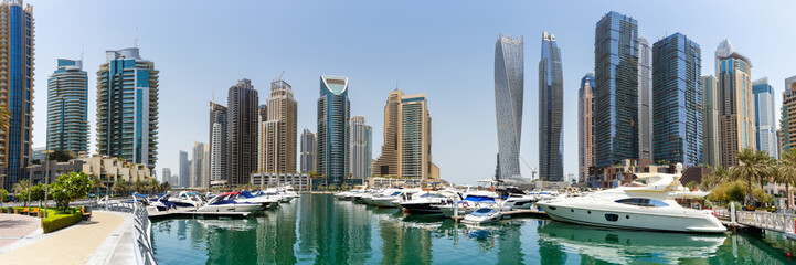 Dubai Marina skyline yacht harbor architecture travel panorama in United Arab Emirates